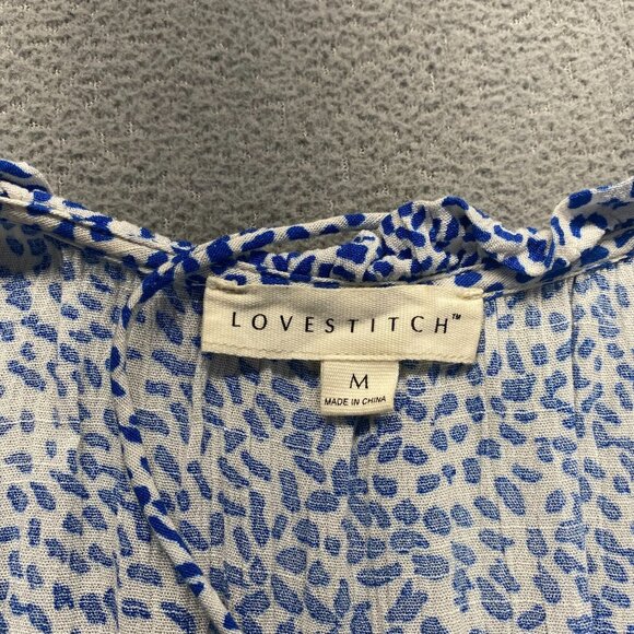 LOVESTITCH Womens Mini Dress White Blue Sleeveless Tiered V-neck Size M,Preppy - Picture 3 of 11